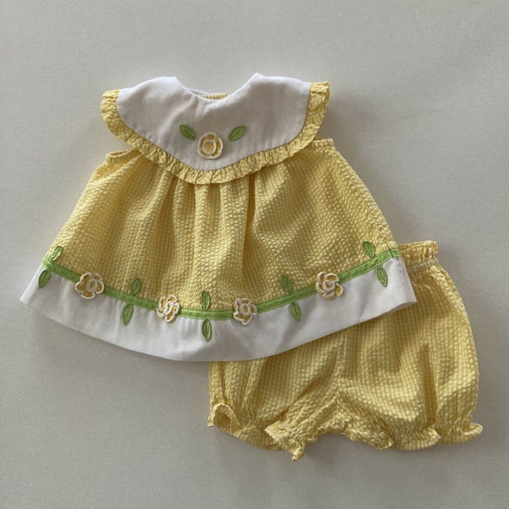 Vintage Little Bitty 3-6 Months Seersucker Top & Bubble Short Set Outfit Yellow